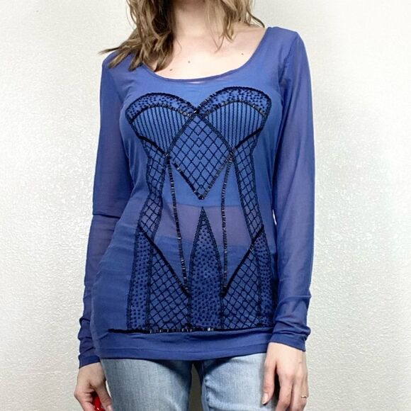 Asos Blue Mesh Art Deco Beaded Long Sleeve Sheer Top - Picture 1 of 7